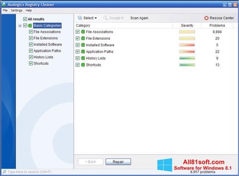 Снимак заслона Auslogics Registry Cleaner Windows 8.1