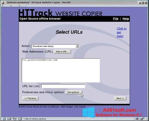 Снимак заслона HTTrack Website Copier Windows 8.1