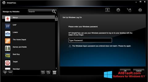 Снимак заслона HP SimplePass Windows 8.1