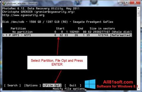 Снимак заслона PhotoRec Windows 8.1