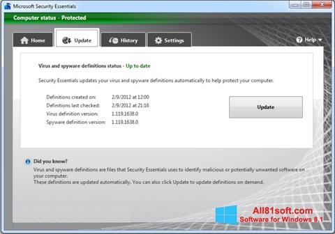 Снимак заслона Microsoft Security Essentials Windows 8.1