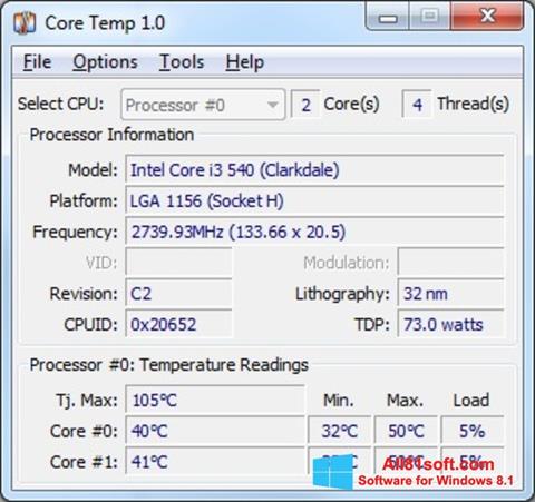 Снимак заслона Core Temp Windows 8.1