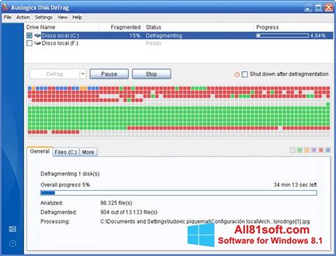 Снимак заслона Auslogics Disk Defrag Windows 8.1